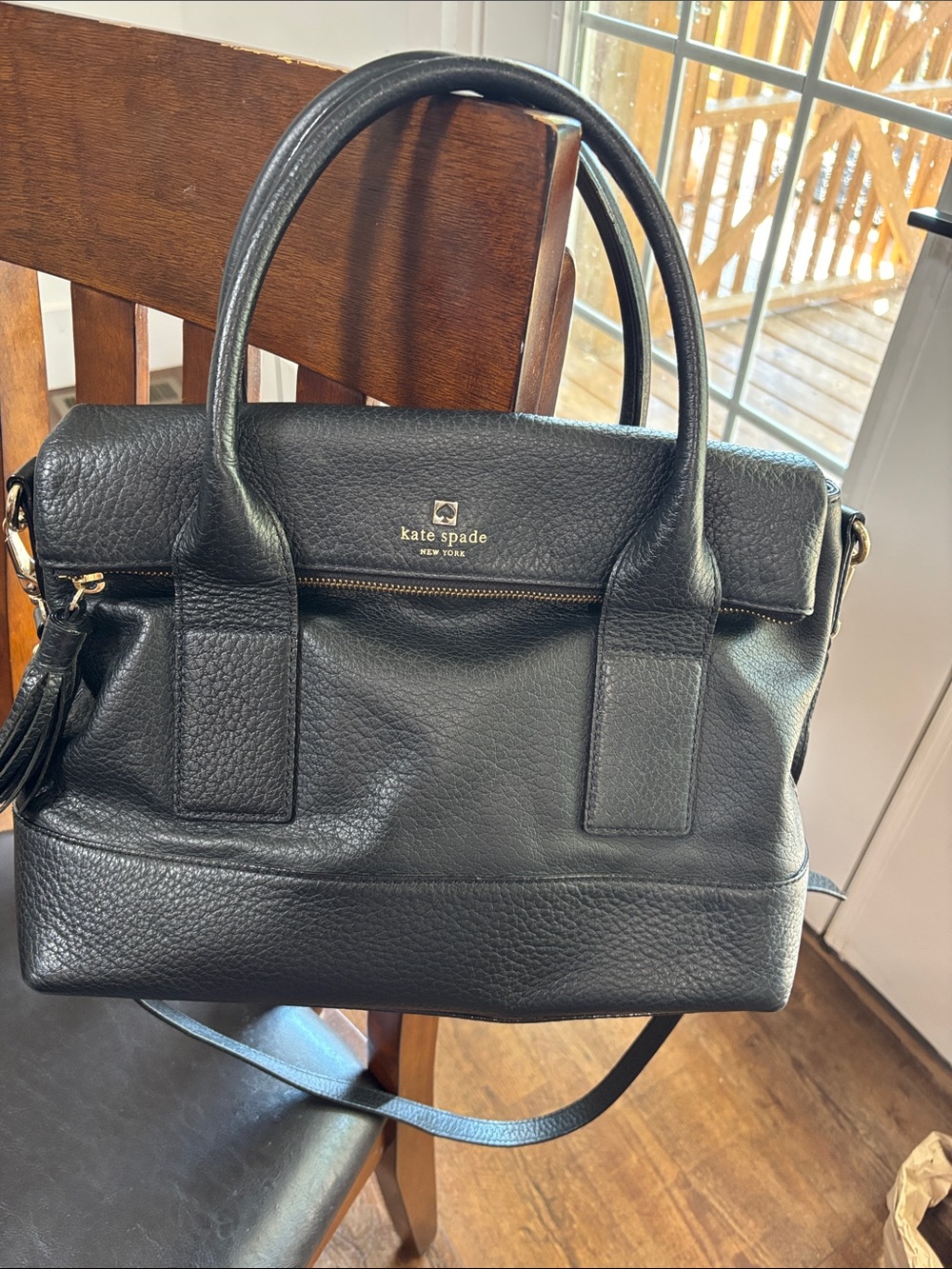 kate spade Black Pebbled Leather Satchel with Tassel